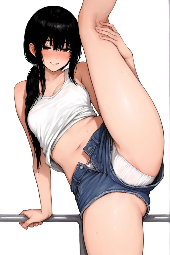 デニムタンクトップ黒髪ロングお姉さん