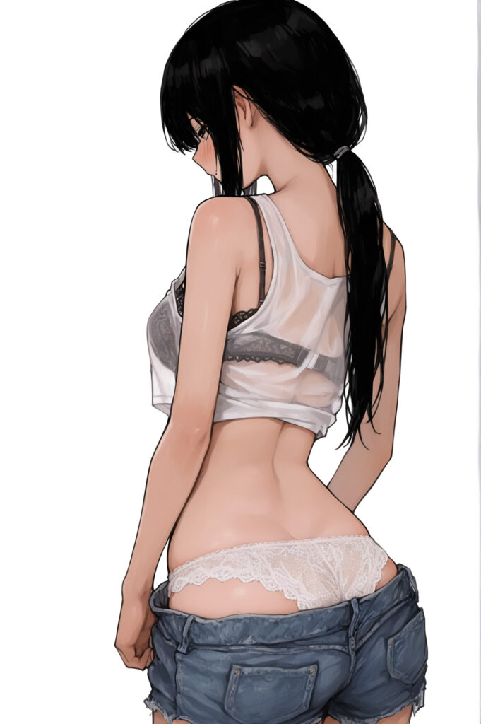 デニムタンクトップ黒髪ロングお姉さん